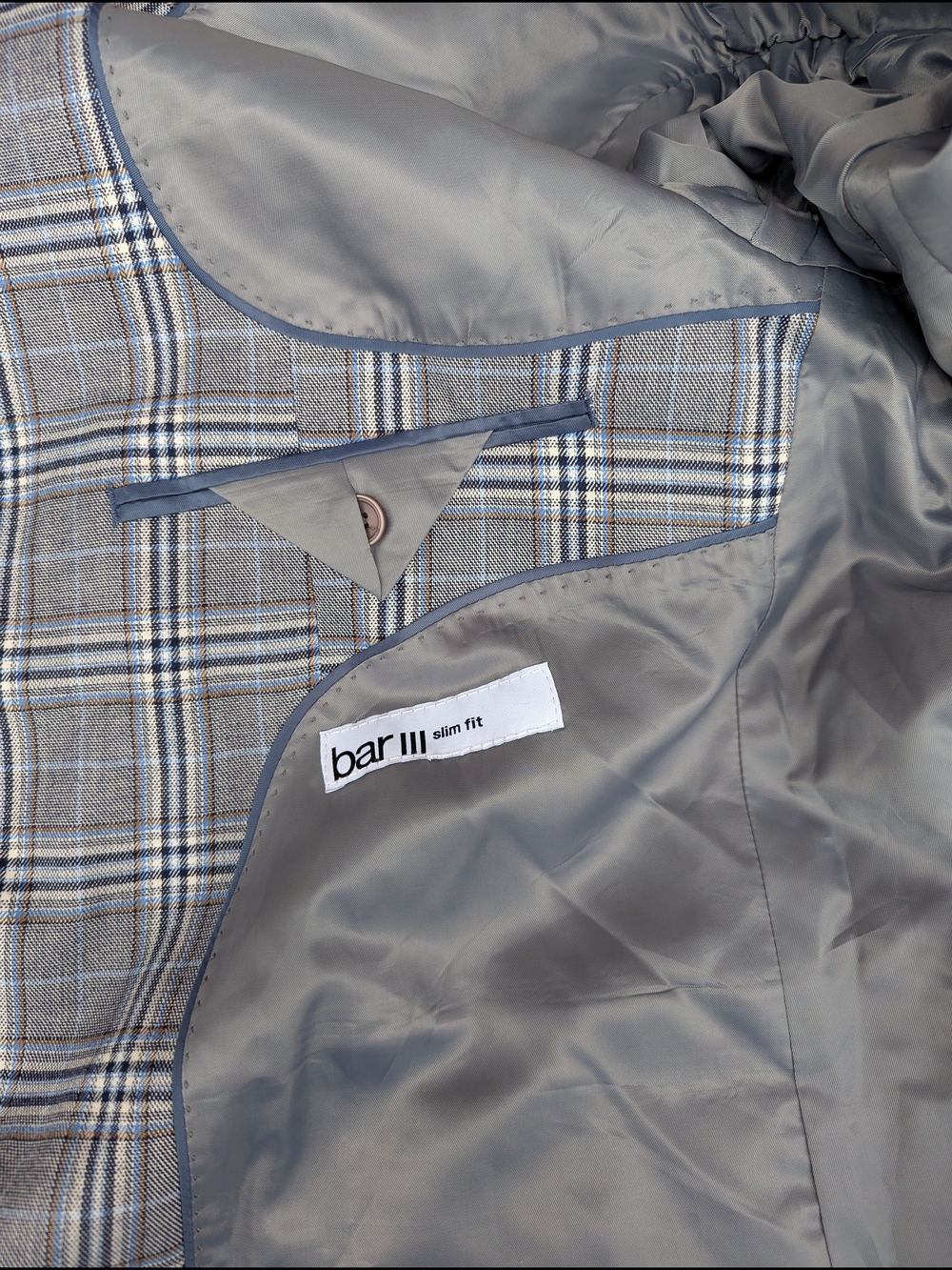 Bar III Men's Slim Fit Gray Blue Plaid Two-Button Blazer Suit Jacket 44R Classic - Picture 3 of 10